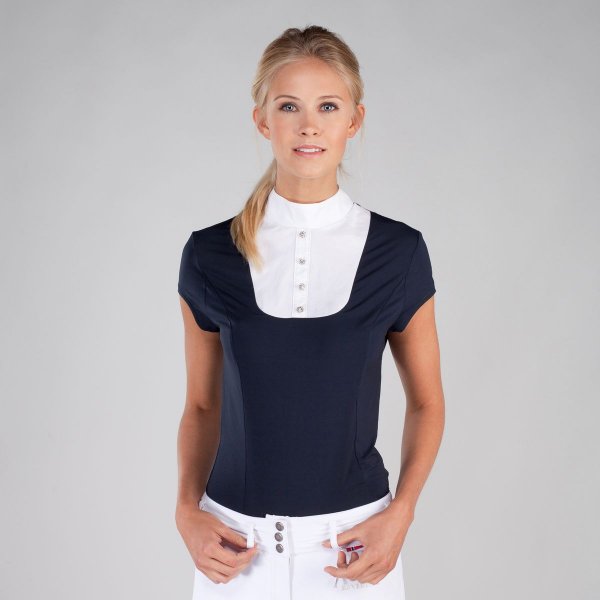 Product shot of navy/white womans equestrian shirt