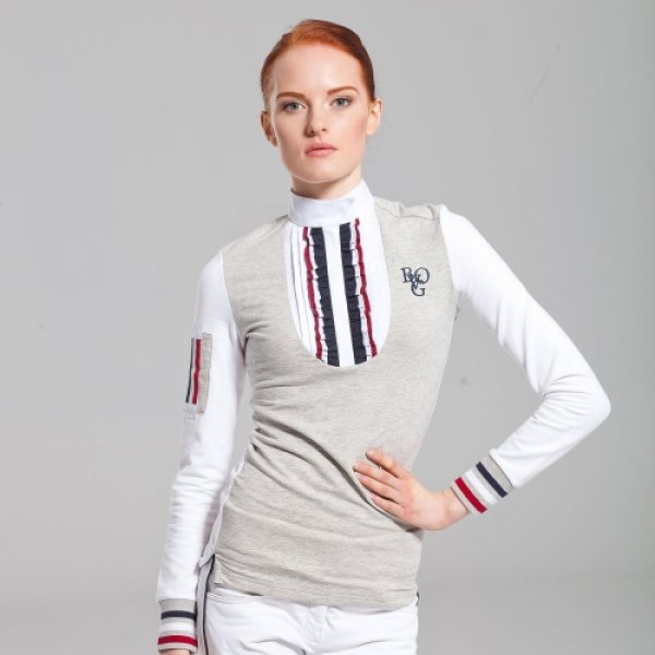 Product shot of white/grey womans equestrian shirt